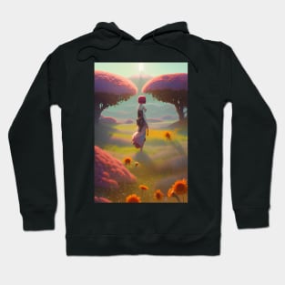 Cute Anime Girl in Field of Red Flowers & Trees - Sunshine Hoodie